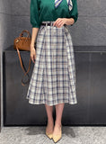 Macaroon Check Button A-Line Long Skirt (Belt Set)