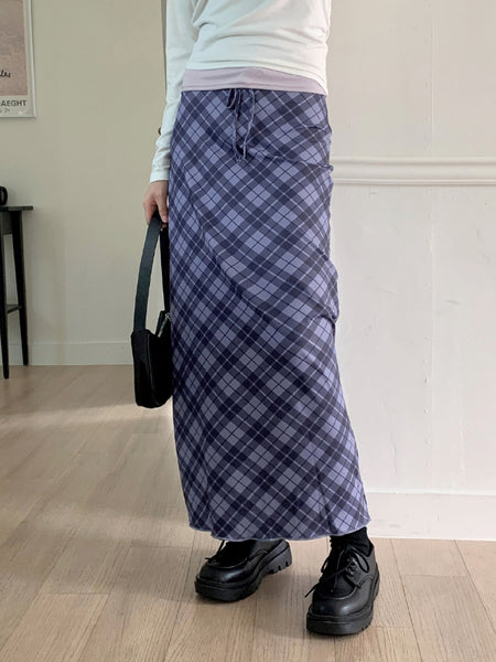 Shabin Vintage Y2K Checkered Ribbon Long Skirt