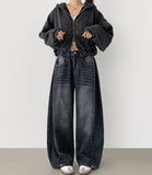 4 Seasons Washing Hem Snap Wide Balloon Denim Pants