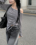 One Off Slit Shirring Long Sleeve T-shirt