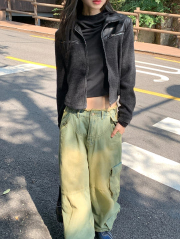 All Teen Vintage Yellow Washing Pocket Cargo Fringe Denim Long Wide Pants