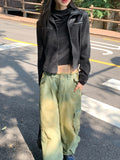 All Teen Vintage Yellow Washing Pocket Cargo Fringe Denim Long Wide Pants