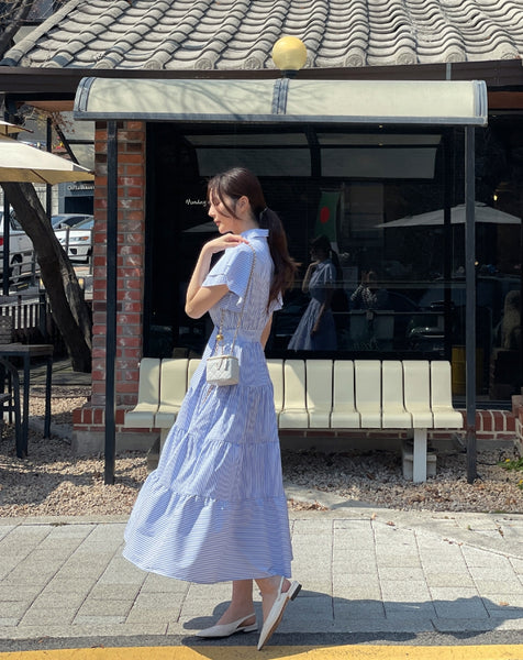 【I AM MARI】Mary Frill Stripe Shirt Long One Piece I AM MARI (アイアムマリ) - メリーフリルストライプシャツ