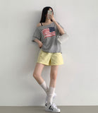 American Flag Loose Fit One Off Shoulder Short Sleeve T-shirt