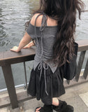 Newdy One Shoulder Open Ribbon Short Sleeve T-shirt