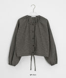 Hindel Check Shirring Cropped Long Sleeve Blouse