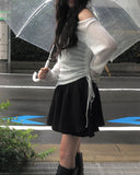 Jea Summer Long Sleeve Off Shoulder See Through Shirring T-Shirt