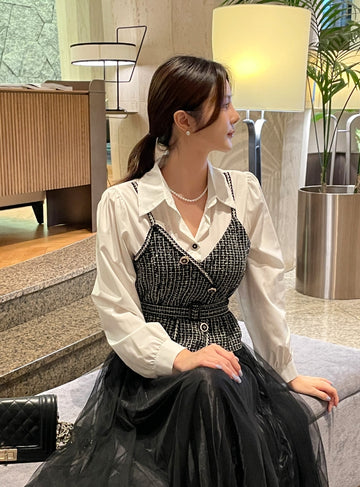 Nello Tweed Bustier Puff Blouse (Belt Set)