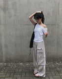 Daming One Shoulder Off Shirring Ribbon T-Shirt