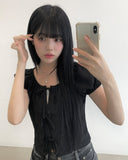 Mihen Ribbon Strap Puff Short Sleeve Blouse