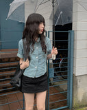 Sky Crop Denim Short Sleeve Shirt