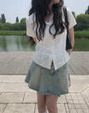 Sege Belt Denim Pleated Mini Skirt
