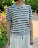 Totree Summer Stripe Collar Short-Sleeved Knit