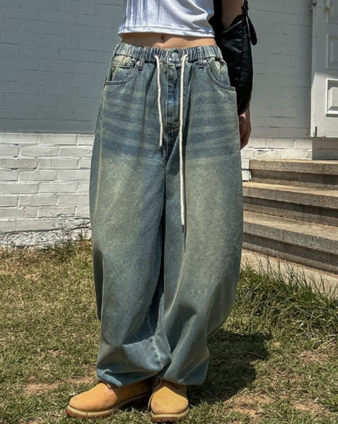 【U LAN】Fit String Banded Balloon Denim Pants U LAN (ユーラン) - フィットストリングバンディングバルーン