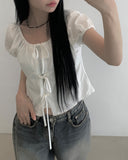 Mihen Ribbon Strap Puff Short Sleeve Blouse