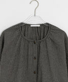 Hindel Check Shirring Cropped Long Sleeve Blouse