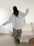 Sikan vintage color matching stripe linen long sleeve shirt