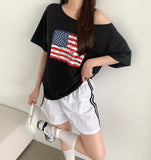 American Flag Loose Fit One Off Shoulder Short Sleeve T-shirt