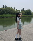 Sege Belt Denim Pleated Mini Skirt