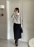 Demur Color Matching Collar Pattern Tweed Short Jacket
