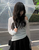 Jea Summer Long Sleeve Off Shoulder See Through Shirring T-Shirt