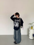 Elleud Cat Washing Wide Balloon Denim Pants
