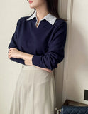 Tienti Stripe Color Matching Collar Knit