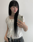 Mihen Ribbon Strap Puff Short Sleeve Blouse