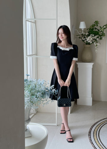 Lene Color Matching Ribbon Puff Tweed Mini One Piece