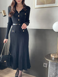 Easel Button Collar Knit Flare Long One Piece