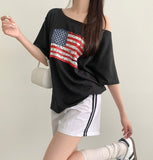 American Flag Loose Fit One Off Shoulder Short Sleeve T-shirt