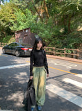 All Teen Vintage Yellow Washing Pocket Cargo Fringe Denim Long Wide Pants