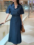 Inkaru denim collar shirt belt H-line skirt set