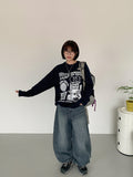 Elleud Cat Washing Wide Balloon Denim Pants