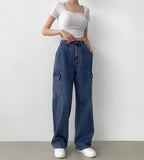 American Casual Cargo Pocket Classic Long Wide Denim Pants