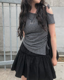 Newdy One Shoulder Open Ribbon Short Sleeve T-shirt