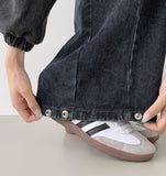 4 Seasons Washing Hem Snap Wide Balloon Denim Pants