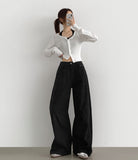 2way Cotton Snap Button Folding Waist Adjustment Mega Wide Fit Cotton Pants