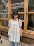 Hanoyu Shirring Ribbon Button Strap Short Sleeve Blouse