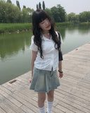 Sege Belt Denim Pleated Mini Skirt