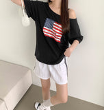 American Flag Loose Fit One Off Shoulder Short Sleeve T-shirt