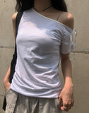 Daming One Shoulder Off Shirring Ribbon T-Shirt