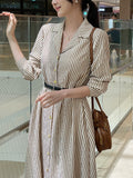 Drian Striped Collar Shirt Long Dress (BeltSet)