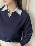 Tienti Stripe Color Matching Collar Knit