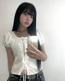 Mihen Ribbon Strap Puff Short Sleeve Blouse