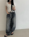 Mihen Ribbon Strap Puff Short Sleeve Blouse