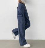 American Casual Cargo Pocket Classic Long Wide Denim Pants
