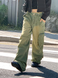 All Teen Vintage Yellow Washing Pocket Cargo Fringe Denim Long Wide Pants