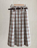 Macaroon Check Button A-Line Long Skirt (Belt Set)