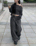 Leaven Off Slit Ribbon Crop Knit